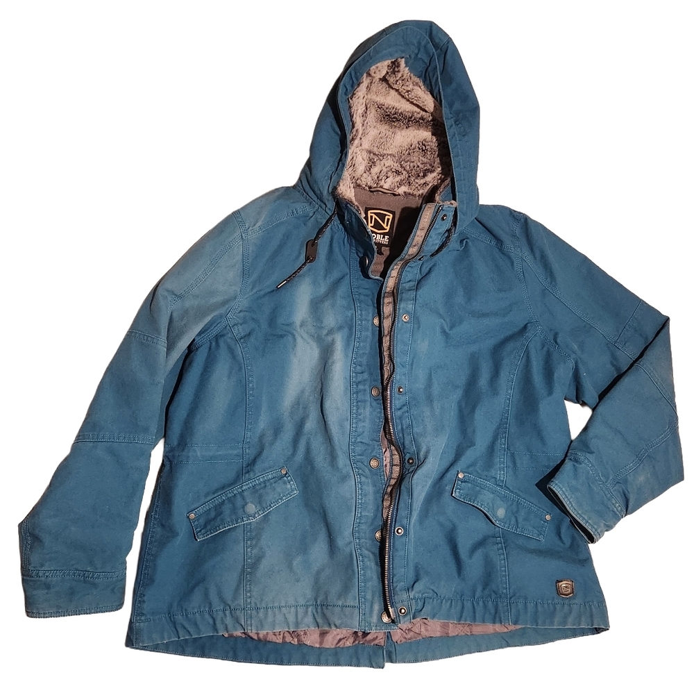 Womens Blue Hooded Faux Fur Lined Canvas Jacket Barn Chore Coat Quilted Sz 2XL